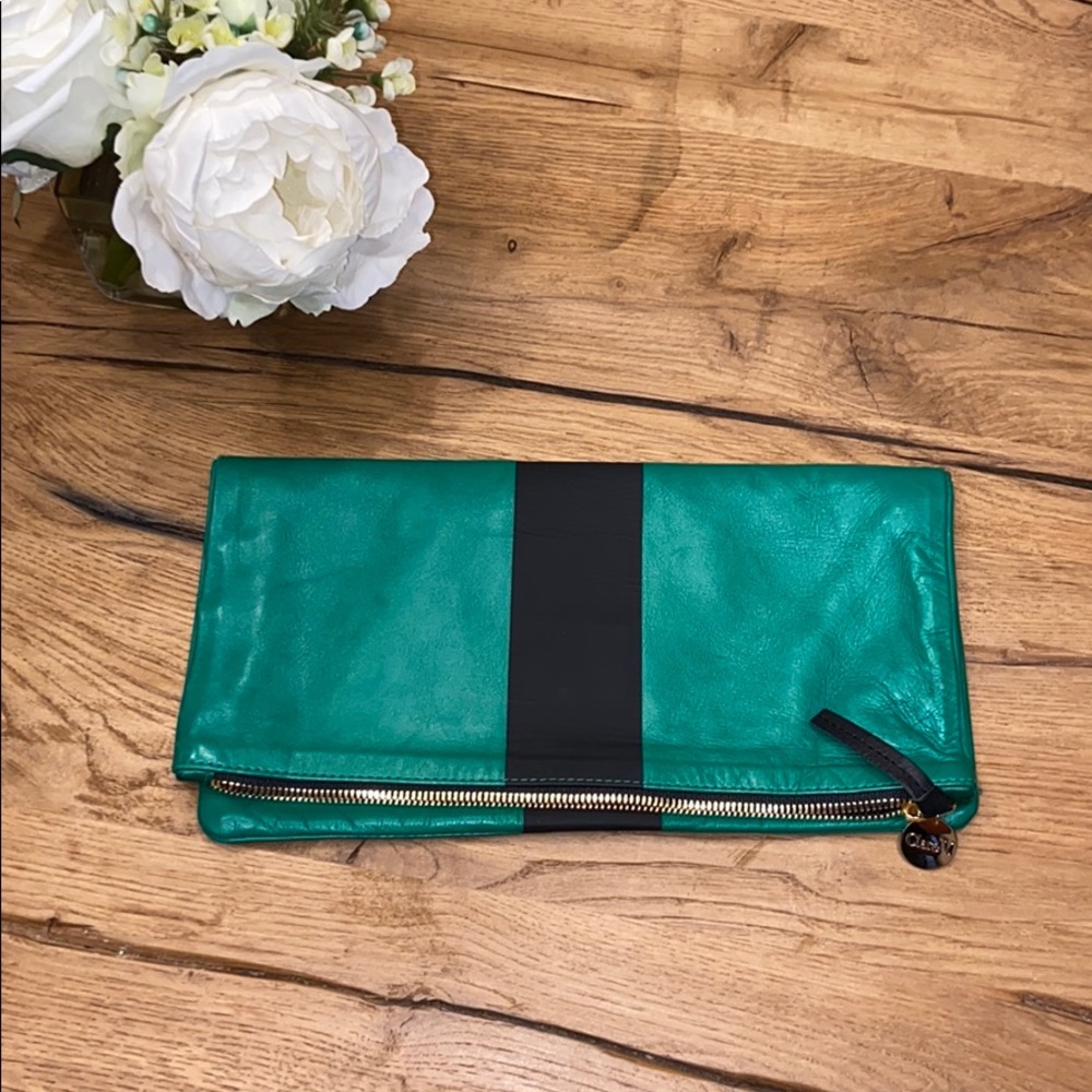 Clare V emerald green leather fold over handbag